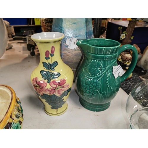 469 - Green Grapevine Patterned Jug Plus A Floral Patterned Vase