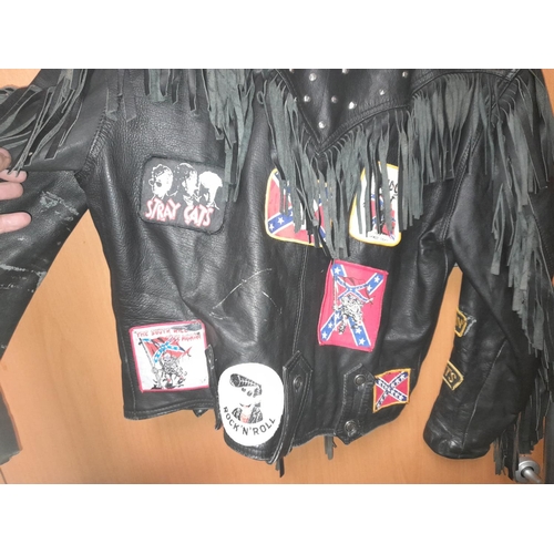 19 - Original Old Rockers Leather Jacket, Large Black Fringed Rock N Roll, Some Patches Missing But Lots ... 