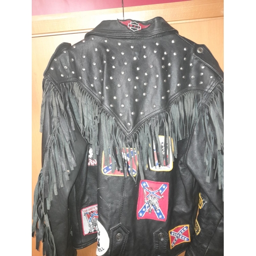 19 - Original Old Rockers Leather Jacket, Large Black Fringed Rock N Roll, Some Patches Missing But Lots ... 