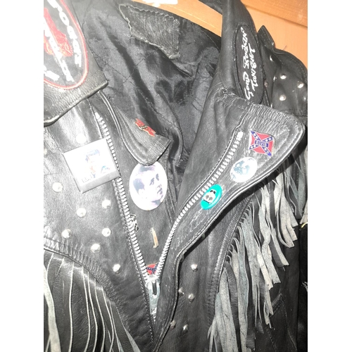 19 - Original Old Rockers Leather Jacket, Large Black Fringed Rock N Roll, Some Patches Missing But Lots ... 