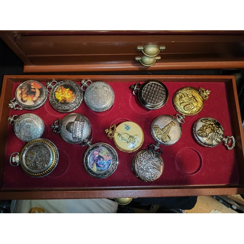 288 - Large Coin Display Box With 13 Collectable Pocket Watches