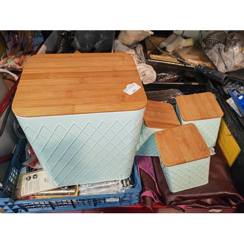 623 - Green Bread Bin And 2 Matching Coffee, Tea And Sugar Pots