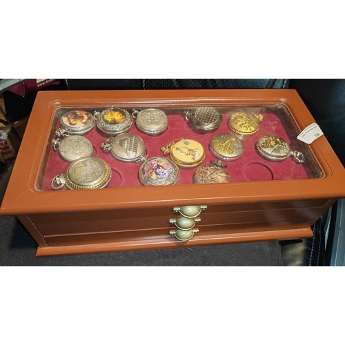 288 - Large Coin Display Box With 13 Collectable Pocket Watches