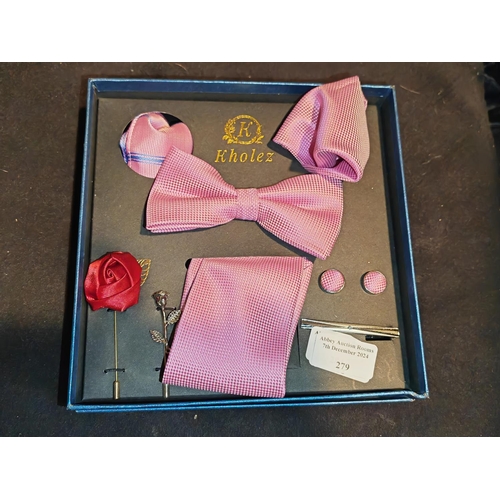 279 - Gentlemen'S Pink Set Consisting Of Bow Tie, Tie, Cufflinks, Handkerchief, Tie Clip Plus 2 Brooches