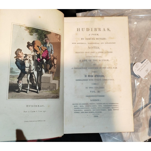 287 - Book Hudibras A Poem By Samuel Butler, 2 Vol Set, 1822, 12 Colour Engravings, Gilt Full Leather Cove... 