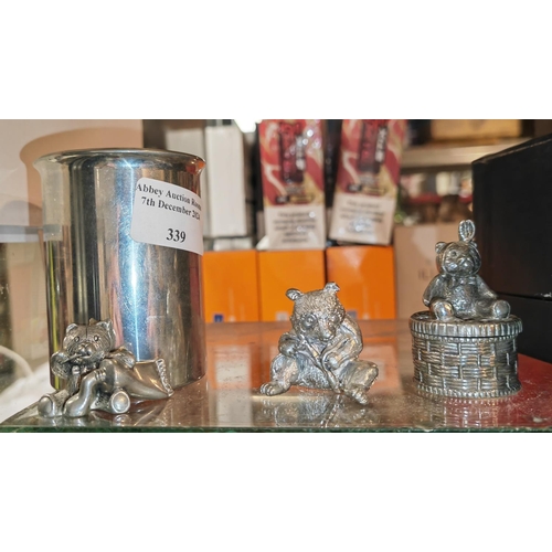 339 - Selection Of Pewter Bear Ornaments + A Pewter Royal Selangor Cup And Port Drinks Label