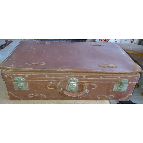 89 - Large Brown Leather Suitcase With Compartments