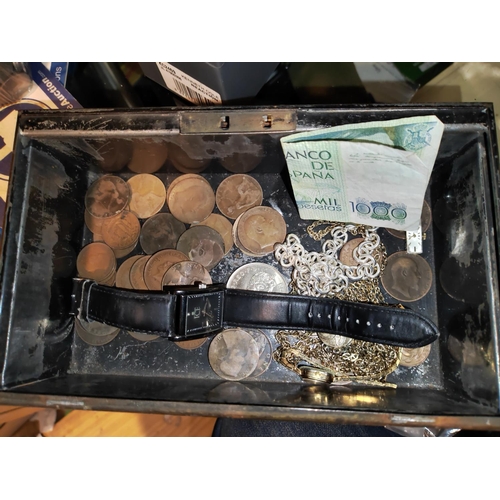 321 - Antique Tin Cash Box With Coins, Watches Etc