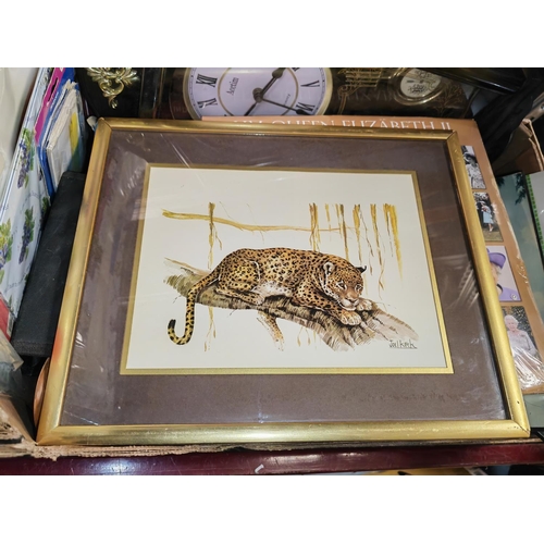 697 - 2 Joel Kirk Framed Prints Of A Leopard & Tiger, Approx 36.5 X 30Cm