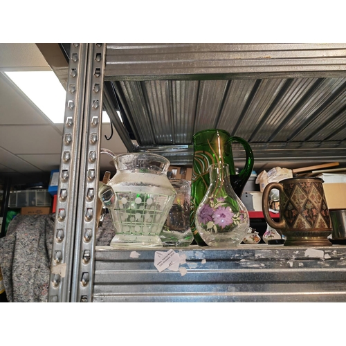 497 - Retro Glass Jug Plus Green Glass Jug Plus A Vase