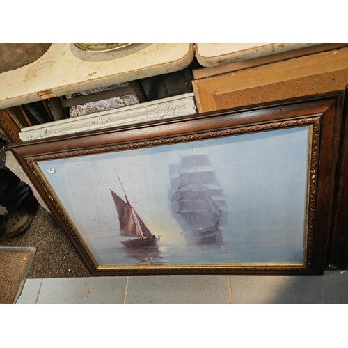 547 - Large Framed Print Of Two Sailing Ships + Large Framed Boating Scene Print  By Roger Desoutter + Lar... 