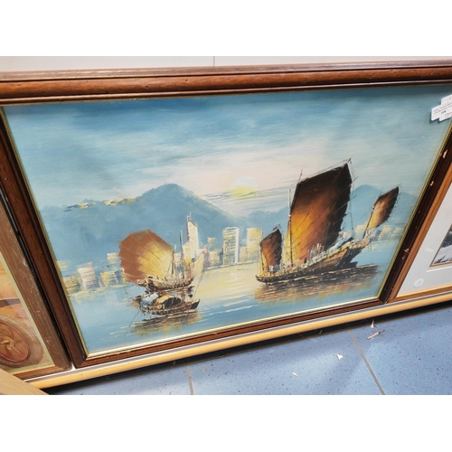 108 - Framed Print Of Oil On Board Junk Boats