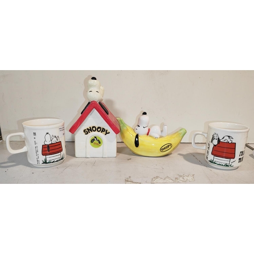 185 - 2 Snoopy Money Boxes Plus 2 Mugs One Mug Chipped