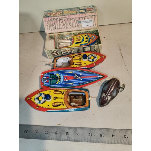 196 - 4 Tin Plate Boats And A Wind Up Mouse