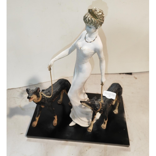 26 - Large Art Deco Style Lady Figurine With Dogs On Heavy Plynth