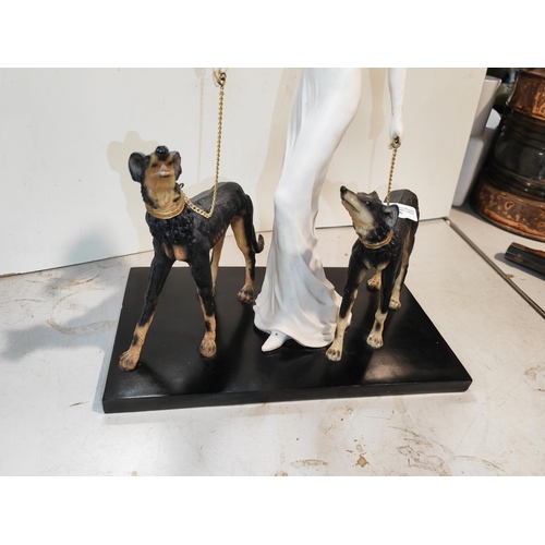 26 - Large Art Deco Style Lady Figurine With Dogs On Heavy Plynth