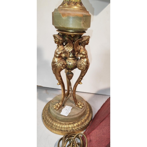 30 - Large 3 Figured Metal Lamp Gold Gilt Work And Onyx Base