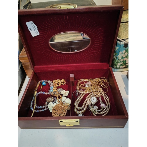 301 - Dark Red Jewellery Case With Vintage Jewellery