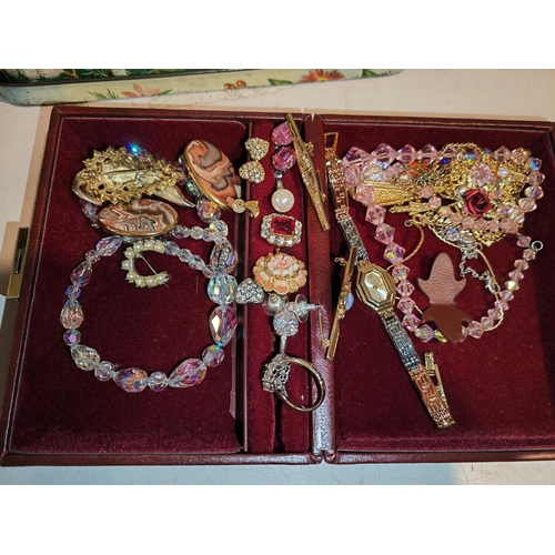 301 - Dark Red Jewellery Case With Vintage Jewellery