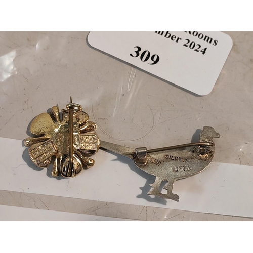 309 - David Anderson Silver And Enamelled Flower Brooch Plus Silver Bird Brooch