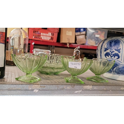 516 - Green Glass Art Deco Fruit Bowl With 3 Dessert Bowls