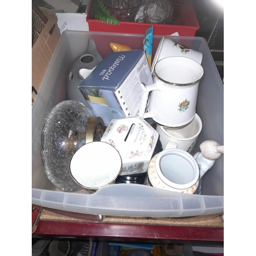 654 - Crate Of Assorted China Including Money Boxes, Cups, Ornaments Etc