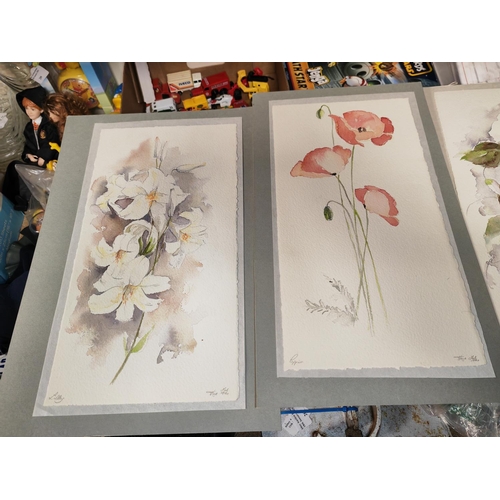 223 - 4 Signed Watercolour Unframed Flower Pictures