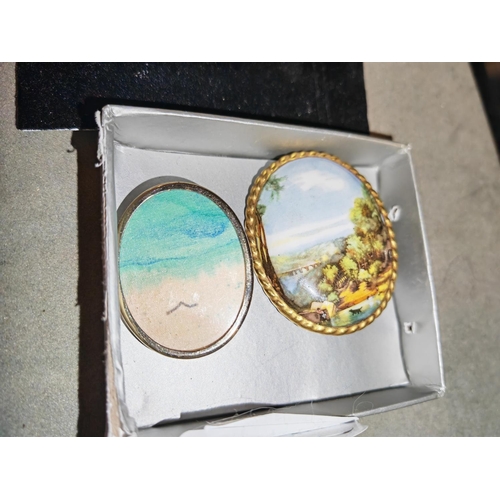 324 - 2 Vintage Hand Painted Brooches Countryside And Sea