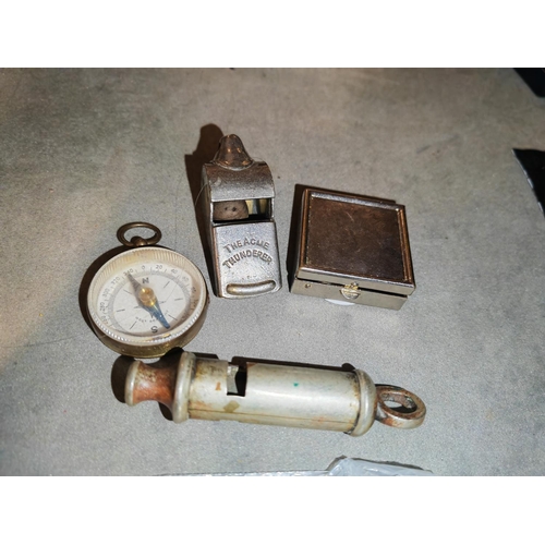 327 - Hudson 1916 Whistle Plus A  Acme Thunder Whistle, Compass And A Pill Box