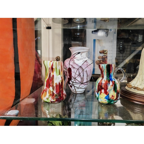 447 - 2 Multicoloured Glass Jugs + 1 Vase