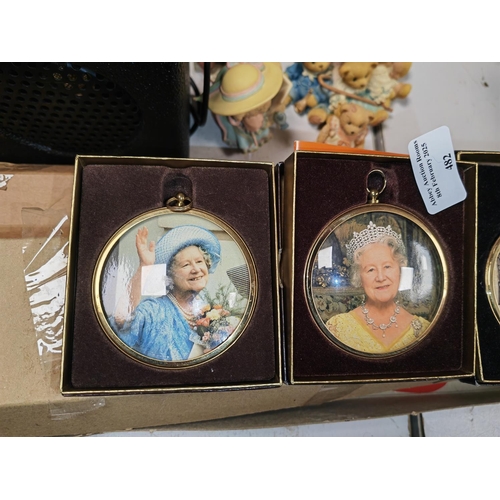 482 - 2 Miniature Round Pictures Of The Queen Mother Plus One Other Boxed