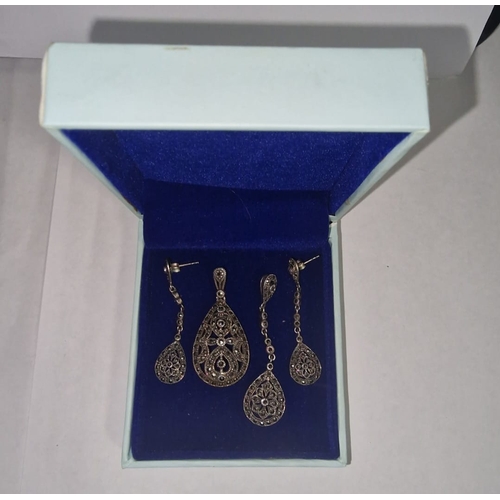 397 - Silver Marcasite Earrings And Pendant Set