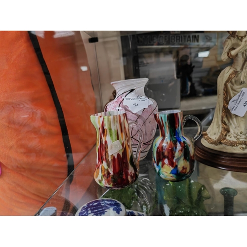 428 - 2 Multicoloured Glass Jugs + 1 Vase