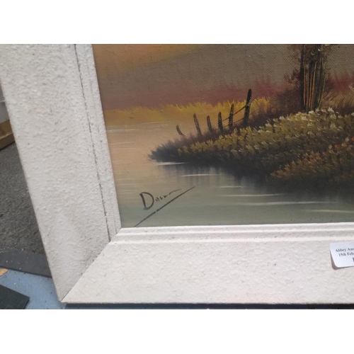 101 - Framed Oil On Canvas Of A House By A Lake Scene Signed