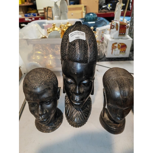 541 - 3 Wooden Carved African Heads