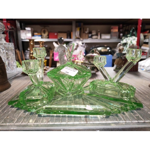 528 - Part Bagley Glass Green Dressing Table Set