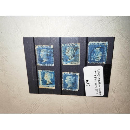 637 - 5 Queen Victoria Two Pence Blue Stamps