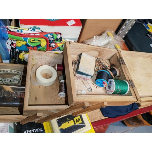 240 - Vintage Wooden Cantilever Sewing Box With Contents