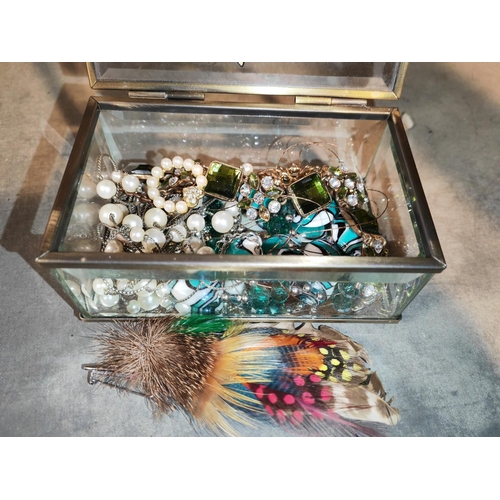 366 - Glass Jewellery Box With Contents Including A Peacock Feather Brooch