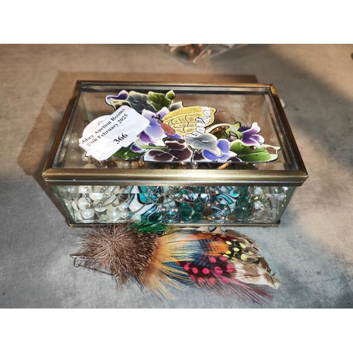 366 - Glass Jewellery Box With Contents Including A Peacock Feather Brooch