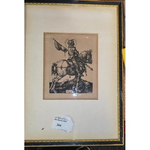 204 - Framed Albrecht Durer, German Etched Engraving St George On Horse Back Picture