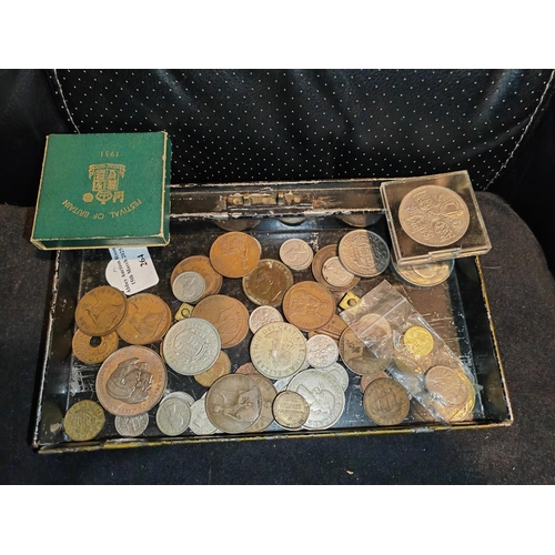 264 - Metal Tray Of English & Foreign Coins Including Festival Of Britain