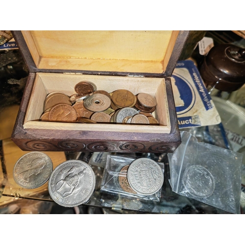 266 - Small Wooden Box Of Foreign And English Coins