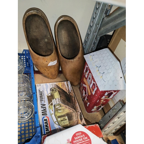 147 - Large Pair Of Wooden Clogs Plus 2 Christmas Tins And A Model Kit