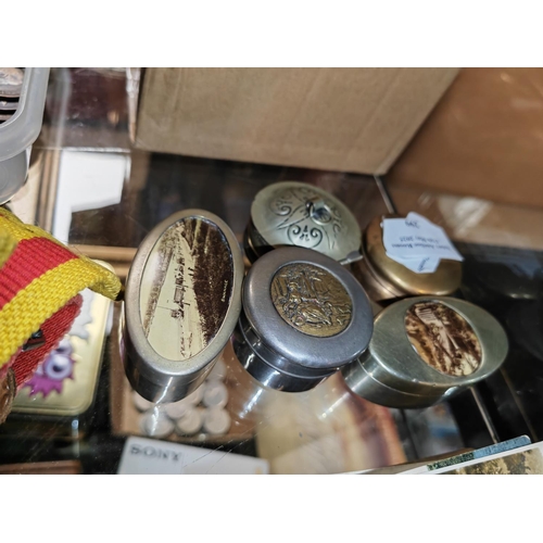 299 - 5 Trinket Boxes Mostly Silver Plate Some With Pictures To Lids