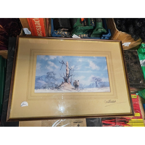 266 - Small Framed David Shepherd Print Of A Rhino Plus A Unframed Triumph Herald Print 1963