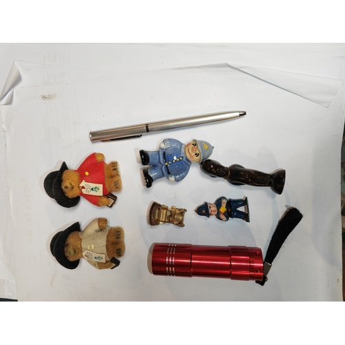 303 - Small Tub Of Treasures Including Compass, Miniature Paddington Bear Figures, Policeman'S Mug, Wade P... 