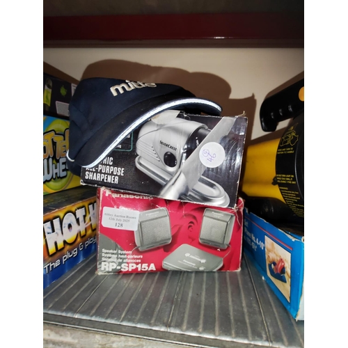 128 - Electric Knife Sharpener Plus A Small Pair Of Speakers Plus A Peek Cap