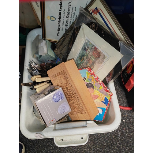 180 - Box Of Assorted Items Including A Cutlery Set And Glass Bowl With Frog