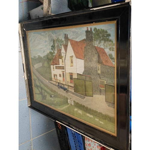 118 - Large Black Framed Print Of The Open Anchor Pub Damage To Frame